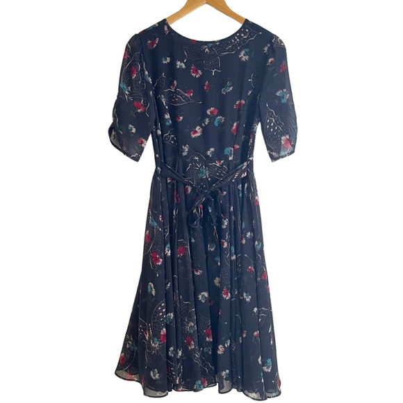 Free People Navy Blue Floral Short Sleeve Midi Dress Size 6 - Picture 4 of 5